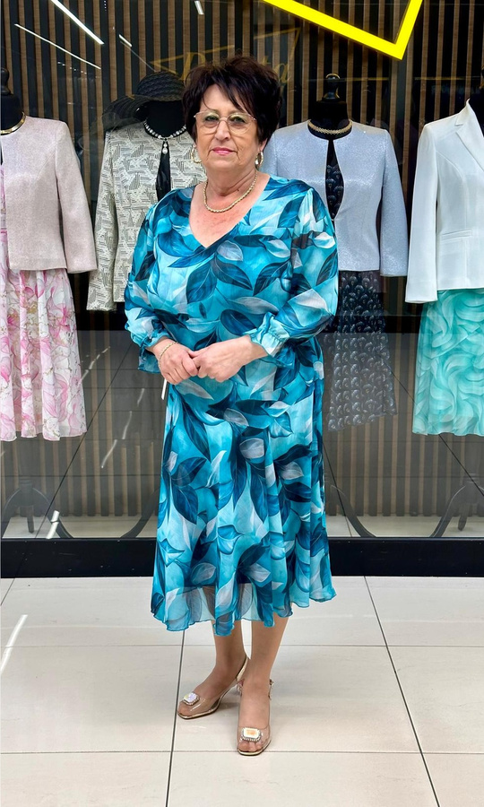 Sukienka z szyfonu zakładka liście turkus 42-52