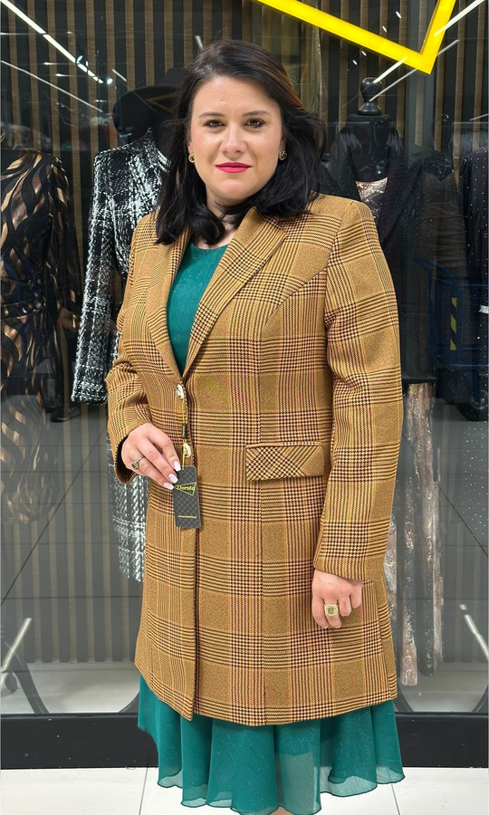 Klasyczny płaszczyk pepitka musztarda 42-52